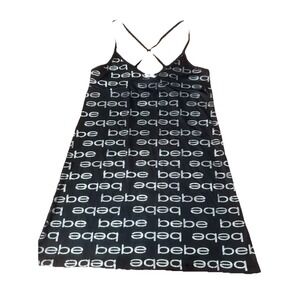 Vintage Bebe Slip Dress Nightgown Black Logo Stretch Y2K Medium